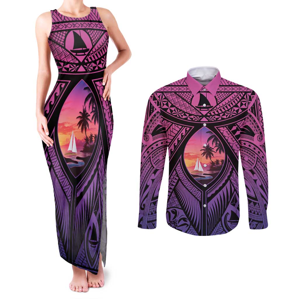 Guam Chamorro Artsy Couples Matching Tank Maxi Dress and Long Sleeve Button Shirt Guahan Sunset Beach