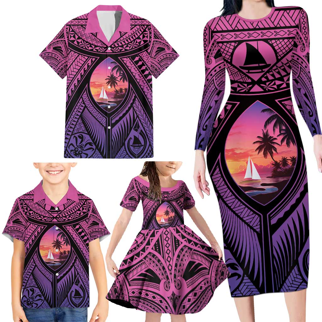 Guam Chamorro Artsy Family Matching Long Sleeve Bodycon Dress and Hawaiian Shirt Guahan Sunset Beach LT9 - Polynesian Pride