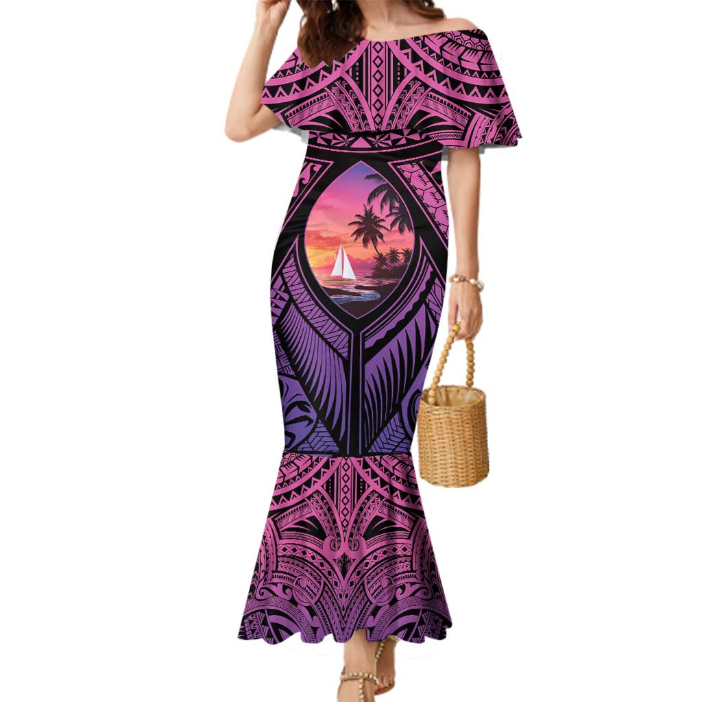 Guam Chamorro Artsy Family Matching Mermaid Dress and Hawaiian Shirt Guahan Sunset Beach LT9 Mom's Dress Sunset - Polynesian Pride