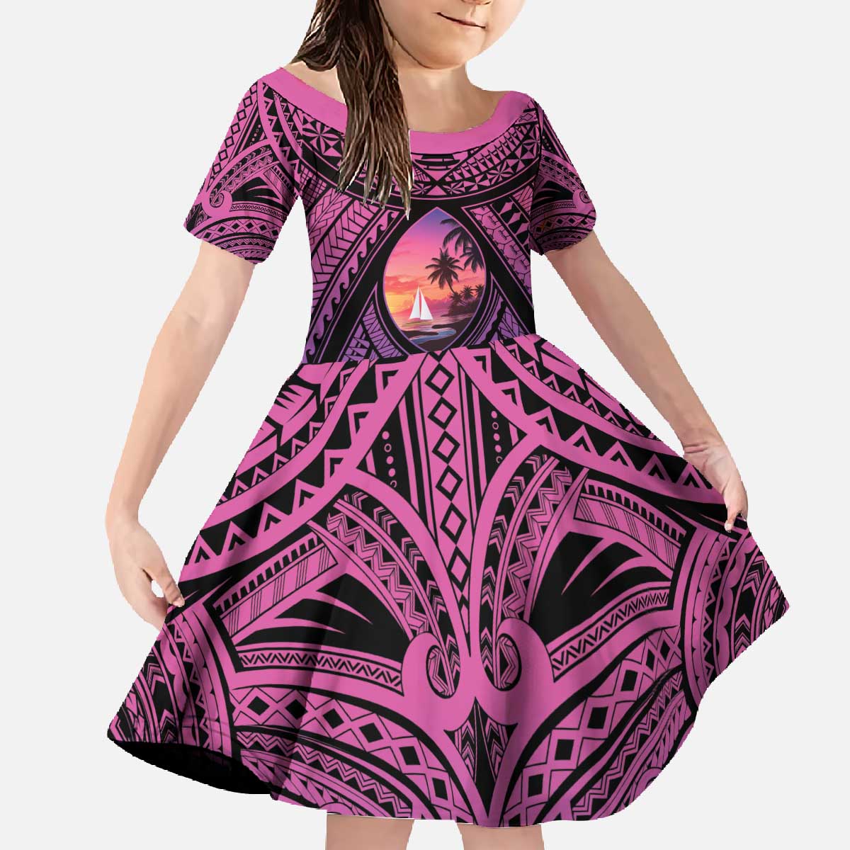 Guam Chamorro Artsy Family Matching Off The Shoulder Long Sleeve Dress and Hawaiian Shirt Guahan Sunset Beach LT9 Daughter's Dress Sunset - Polynesian Pride