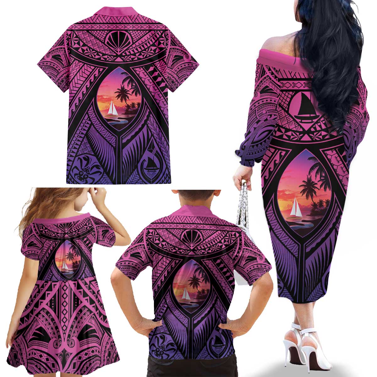 Guam Chamorro Artsy Family Matching Off The Shoulder Long Sleeve Dress and Hawaiian Shirt Guahan Sunset Beach LT9 - Polynesian Pride