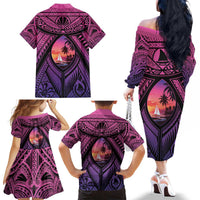 Guam Chamorro Artsy Family Matching Off The Shoulder Long Sleeve Dress and Hawaiian Shirt Guahan Sunset Beach LT9 - Polynesian Pride