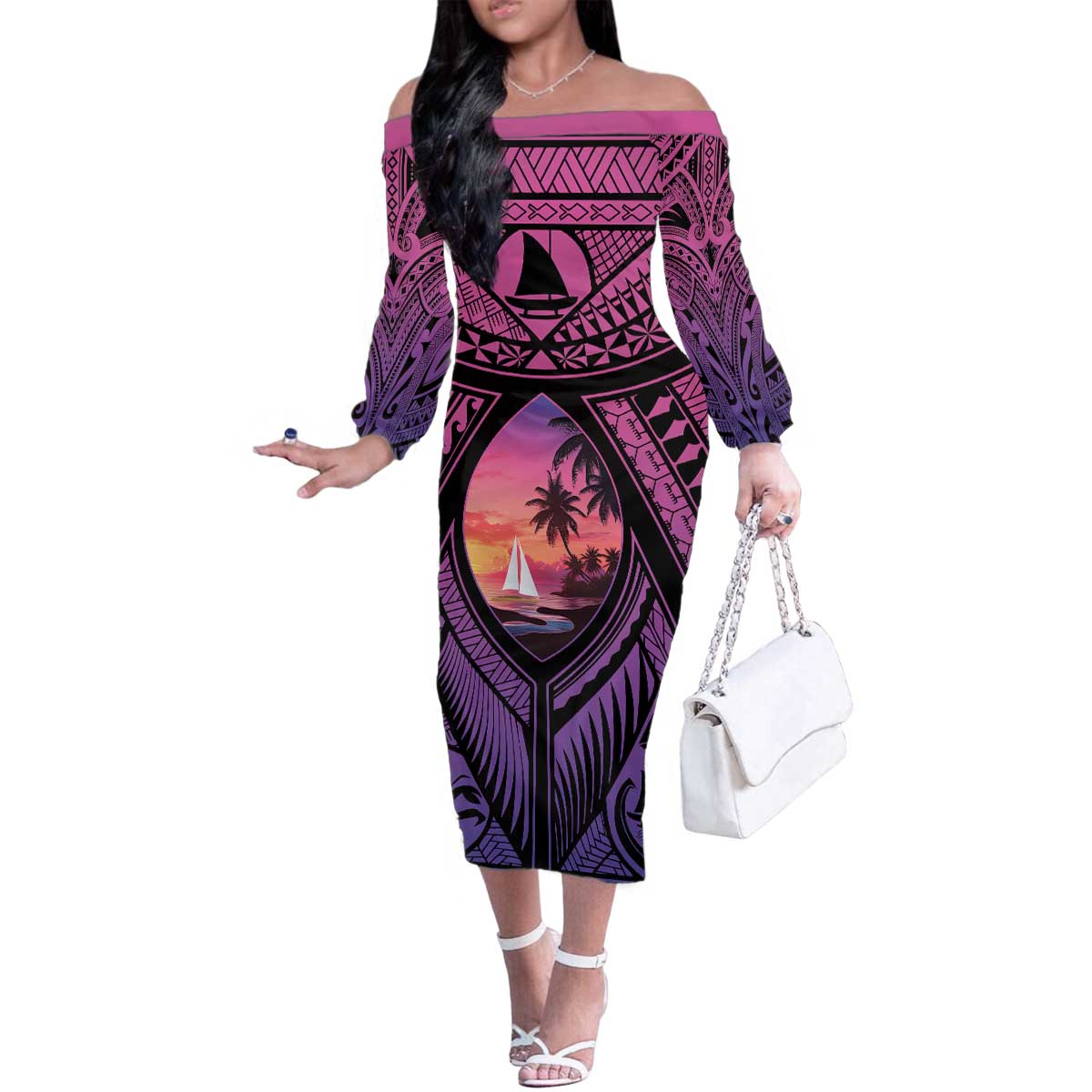 Guam Chamorro Artsy Family Matching Off The Shoulder Long Sleeve Dress and Hawaiian Shirt Guahan Sunset Beach LT9 Mom's Dress Sunset - Polynesian Pride