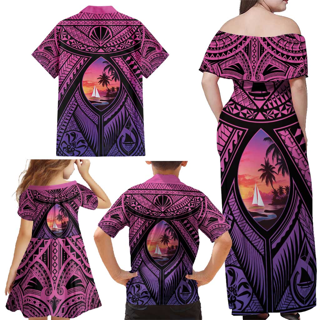 Guam Chamorro Artsy Family Matching Off Shoulder Maxi Dress and Hawaiian Shirt Guahan Sunset Beach LT9 - Polynesian Pride