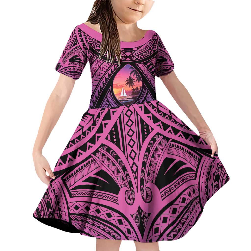 Guam Chamorro Artsy Family Matching Off Shoulder Short Dress and Hawaiian Shirt Guahan Sunset Beach LT9 Daughter's Dress Sunset - Polynesian Pride