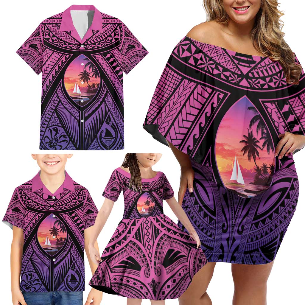 Guam Chamorro Artsy Family Matching Off Shoulder Short Dress and Hawaiian Shirt Guahan Sunset Beach LT9 - Polynesian Pride