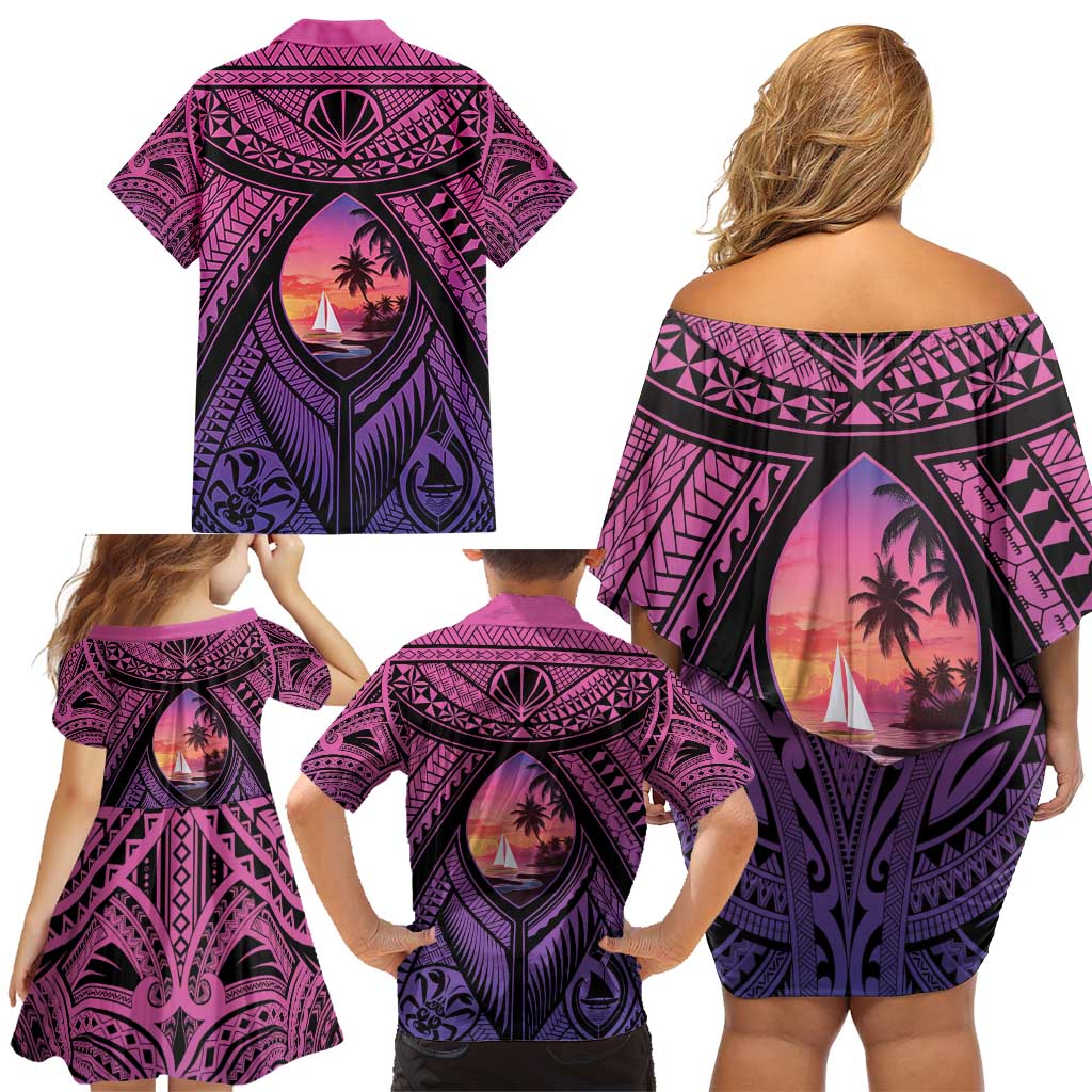 Guam Chamorro Artsy Family Matching Off Shoulder Short Dress and Hawaiian Shirt Guahan Sunset Beach LT9 - Polynesian Pride