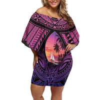 Guam Chamorro Artsy Family Matching Off Shoulder Short Dress and Hawaiian Shirt Guahan Sunset Beach LT9 Mom's Dress Sunset - Polynesian Pride