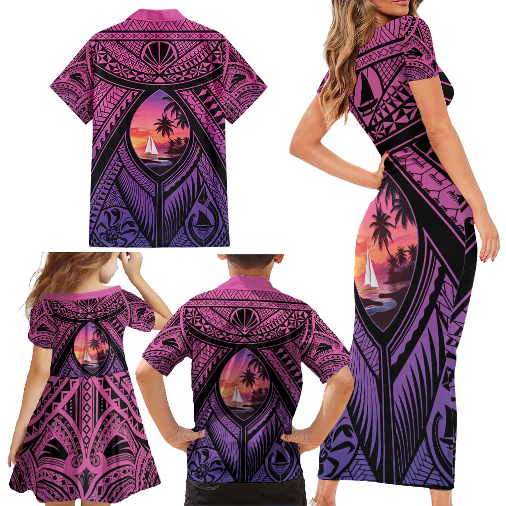 Guam Chamorro Artsy Family Matching Short Sleeve Bodycon Dress and Hawaiian Shirt Guahan Sunset Beach LT9 - Polynesian Pride