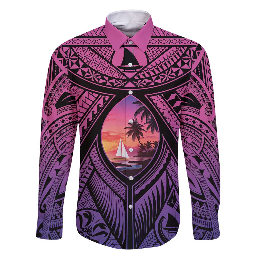 Guam Chamorro Artsy Family Matching Summer Maxi Dress and Hawaiian Shirt Guahan Sunset Beach LT9 Dad's Shirt - Long Sleeve Sunset - Polynesian Pride