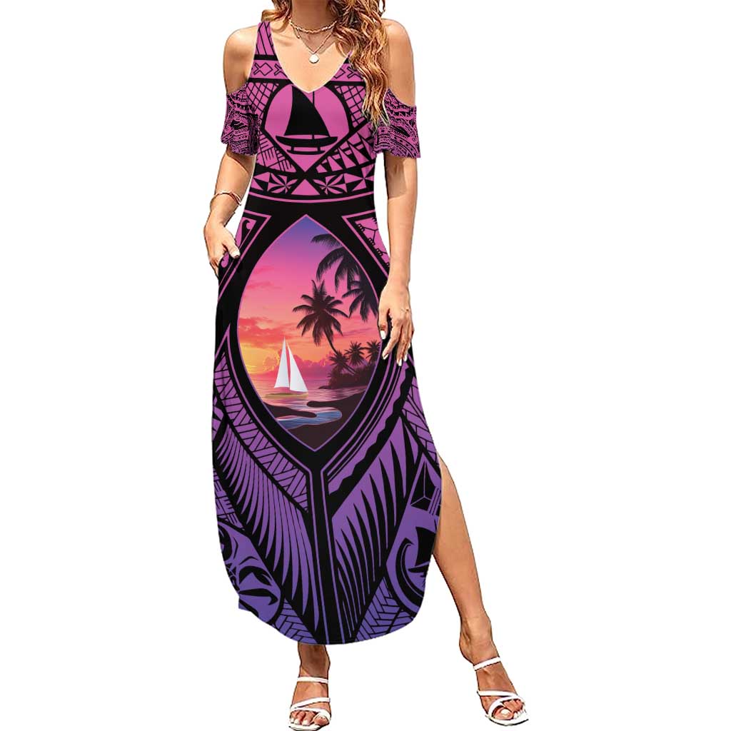 Guam Chamorro Artsy Family Matching Summer Maxi Dress and Hawaiian Shirt Guahan Sunset Beach LT9 Mom's Dress Sunset - Polynesian Pride