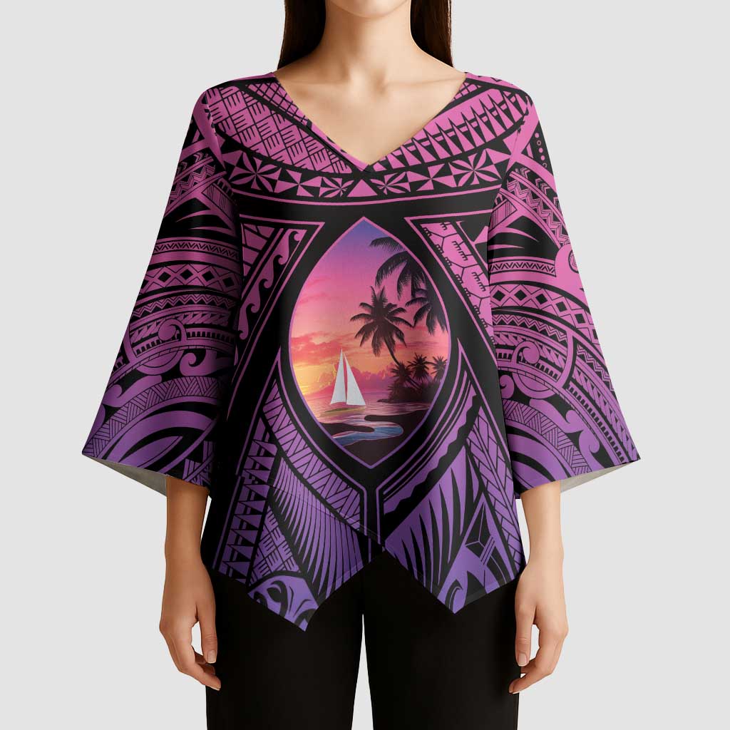 Guam Chamorro Artsy Kimono Sleeve Blouse Guahan Sunset Beach LT9 - Polynesian Pride