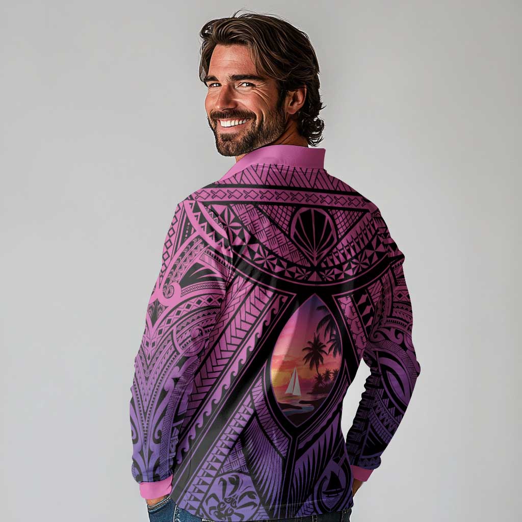 Guam Chamorro Artsy Long Sleeve Polo Shirt Guahan Sunset Beach