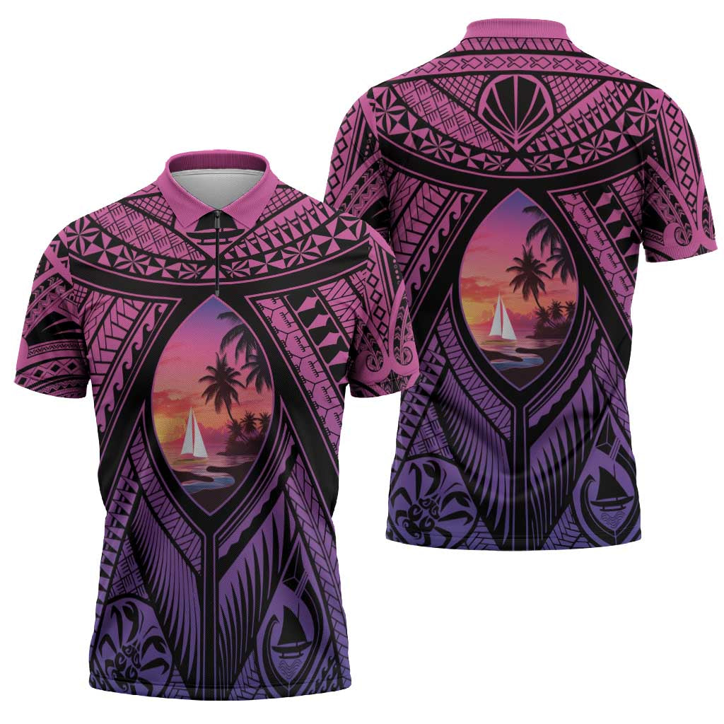 Guam Chamorro Artsy Zipper Polo Shirt Guahan Sunset Beach - Polynesian Pride