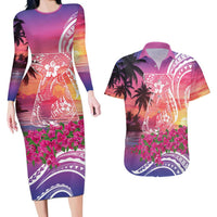 Guam Latte Stone with Map Couples Matching Long Sleeve Bodycon Dress and Hawaiian Shirt Bougainvillea Beach Sunset LT9 Sunset - Polynesian Pride