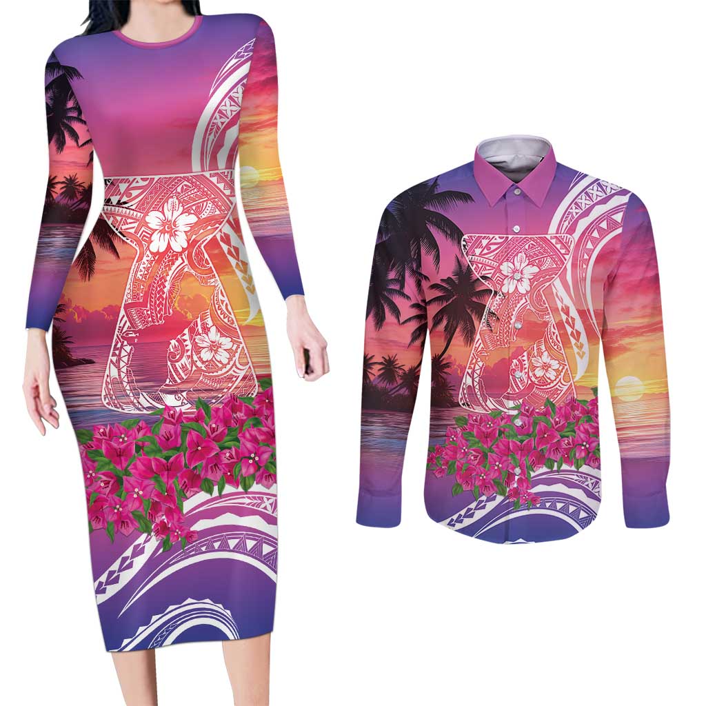 Guam Latte Stone with Map Couples Matching Long Sleeve Bodycon Dress and Long Sleeve Button Shirt Bougainvillea Beach Sunset LT9 Sunset - Polynesian Pride