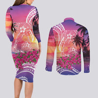 Guam Latte Stone with Map Couples Matching Long Sleeve Bodycon Dress and Long Sleeve Button Shirt Bougainvillea Beach Sunset LT9 - Polynesian Pride