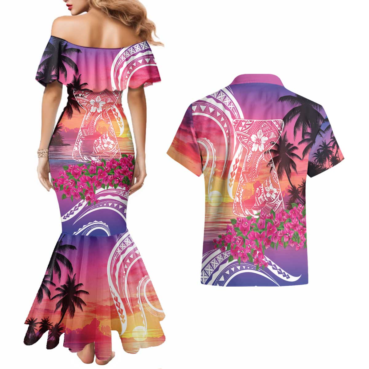 Guam Latte Stone with Map Couples Matching Mermaid Dress and Hawaiian Shirt Bougainvillea Beach Sunset LT9 - Polynesian Pride