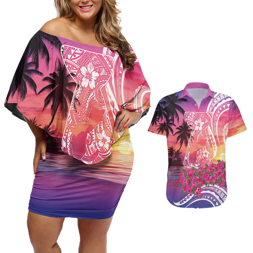 Guam Latte Stone with Map Couples Matching Off Shoulder Short Dress and Hawaiian Shirt Bougainvillea Beach Sunset LT9 Sunset - Polynesian Pride