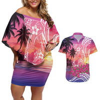 Guam Latte Stone with Map Couples Matching Off Shoulder Short Dress and Hawaiian Shirt Bougainvillea Beach Sunset LT9 Sunset - Polynesian Pride