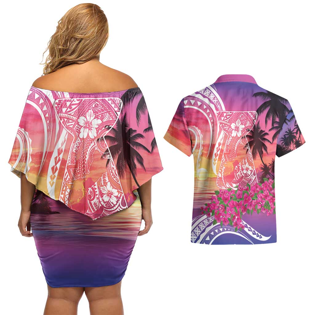 Guam Latte Stone with Map Couples Matching Off Shoulder Short Dress and Hawaiian Shirt Bougainvillea Beach Sunset LT9 - Polynesian Pride