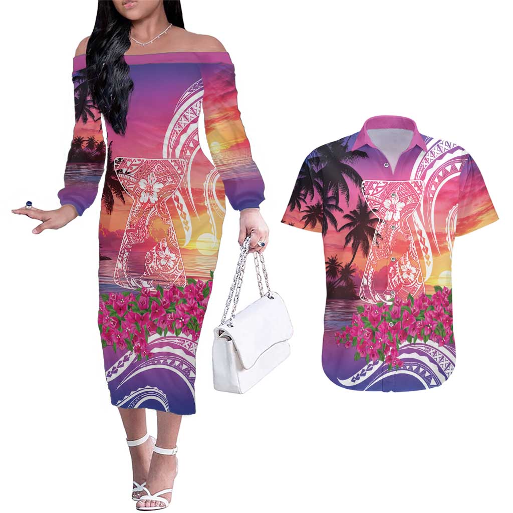Guam Latte Stone with Map Couples Matching Off The Shoulder Long Sleeve Dress and Hawaiian Shirt Bougainvillea Beach Sunset LT9 Sunset - Polynesian Pride