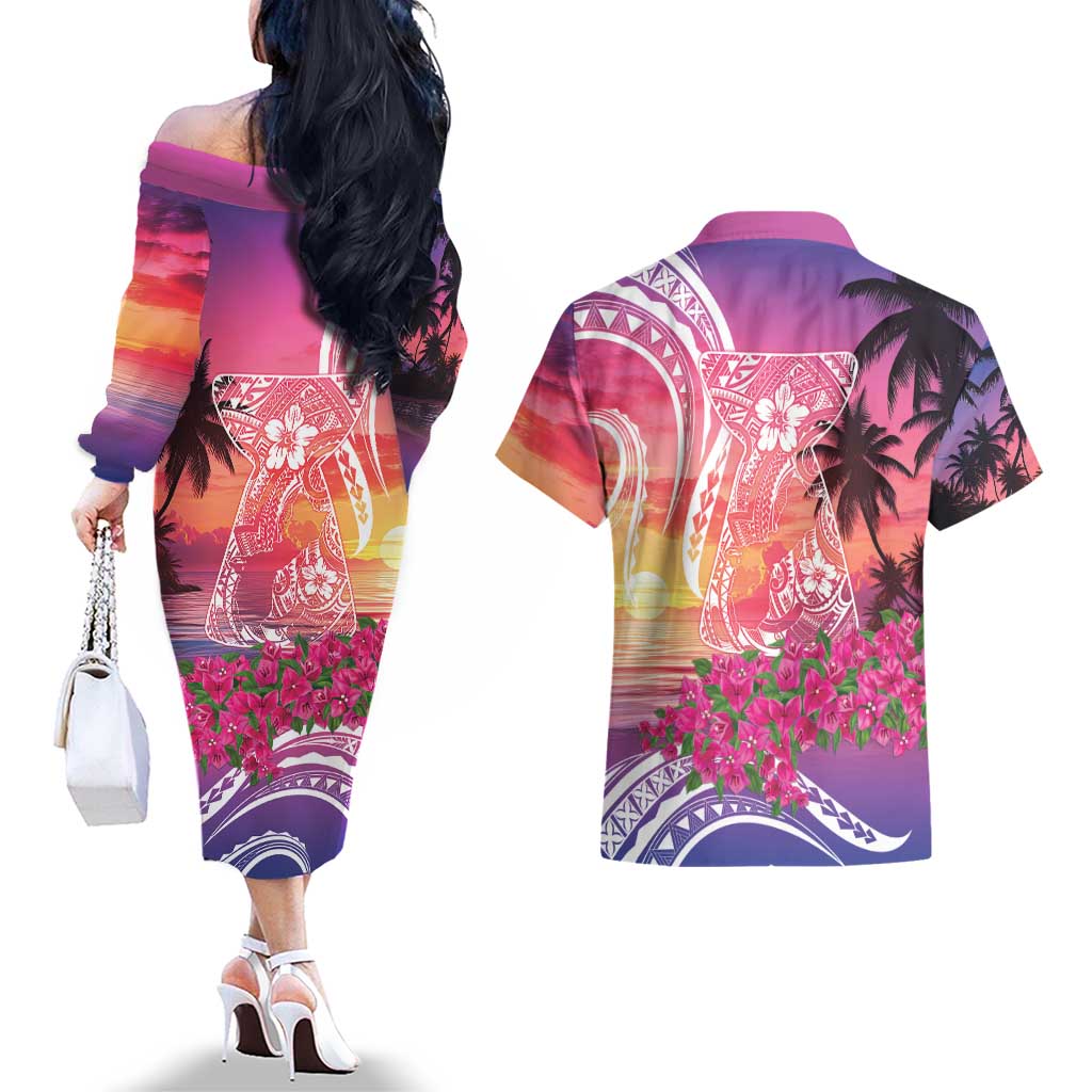 Guam Latte Stone with Map Couples Matching Off The Shoulder Long Sleeve Dress and Hawaiian Shirt Bougainvillea Beach Sunset LT9 - Polynesian Pride