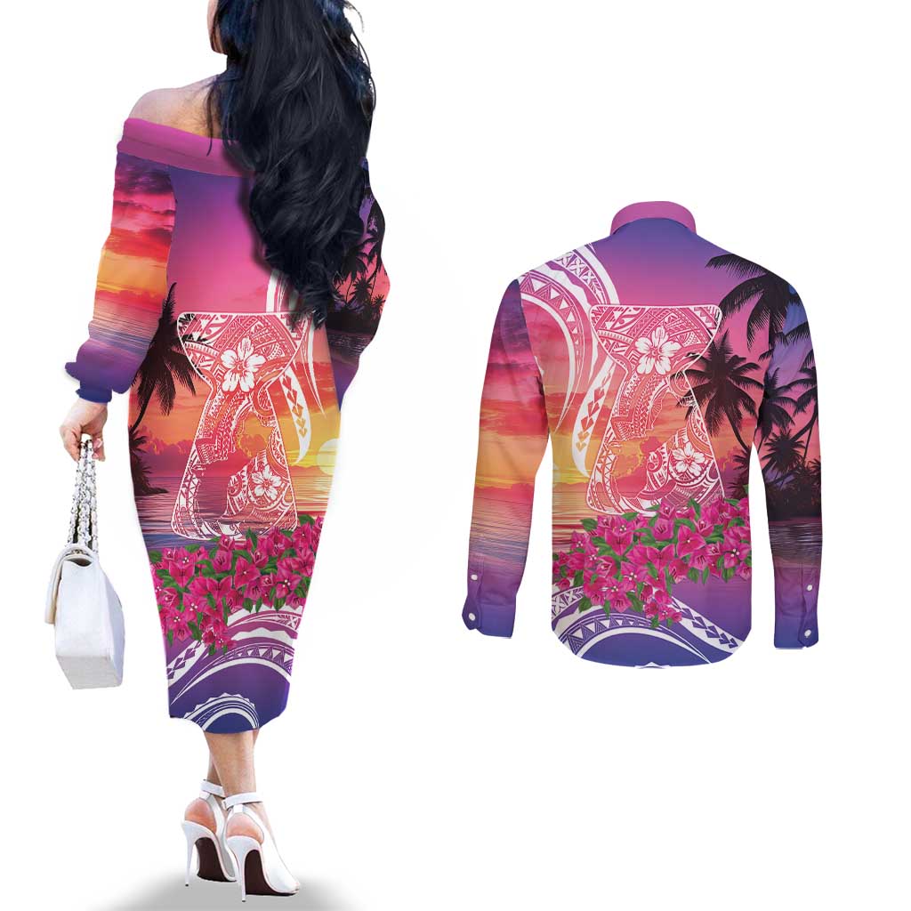 Guam Latte Stone with Map Couples Matching Off The Shoulder Long Sleeve Dress and Long Sleeve Button Shirt Bougainvillea Beach Sunset LT9 - Polynesian Pride