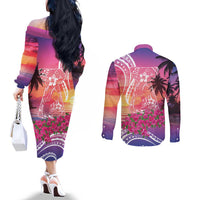 Guam Latte Stone with Map Couples Matching Off The Shoulder Long Sleeve Dress and Long Sleeve Button Shirt Bougainvillea Beach Sunset LT9 - Polynesian Pride
