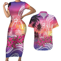 Guam Latte Stone with Map Couples Matching Short Sleeve Bodycon Dress and Hawaiian Shirt Bougainvillea Beach Sunset LT9 Sunset - Polynesian Pride