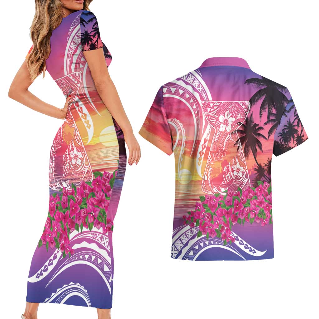 Guam Latte Stone with Map Couples Matching Short Sleeve Bodycon Dress and Hawaiian Shirt Bougainvillea Beach Sunset LT9 - Polynesian Pride