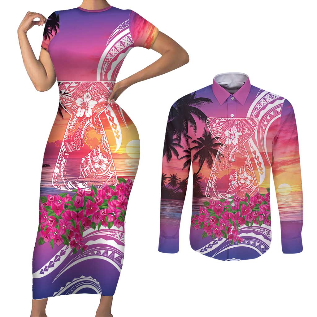 Guam Latte Stone with Map Couples Matching Short Sleeve Bodycon Dress and Long Sleeve Button Shirt Bougainvillea Beach Sunset LT9 Sunset - Polynesian Pride