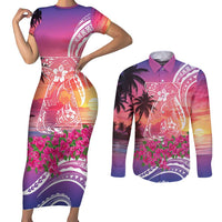 Guam Latte Stone with Map Couples Matching Short Sleeve Bodycon Dress and Long Sleeve Button Shirt Bougainvillea Beach Sunset LT9 Sunset - Polynesian Pride