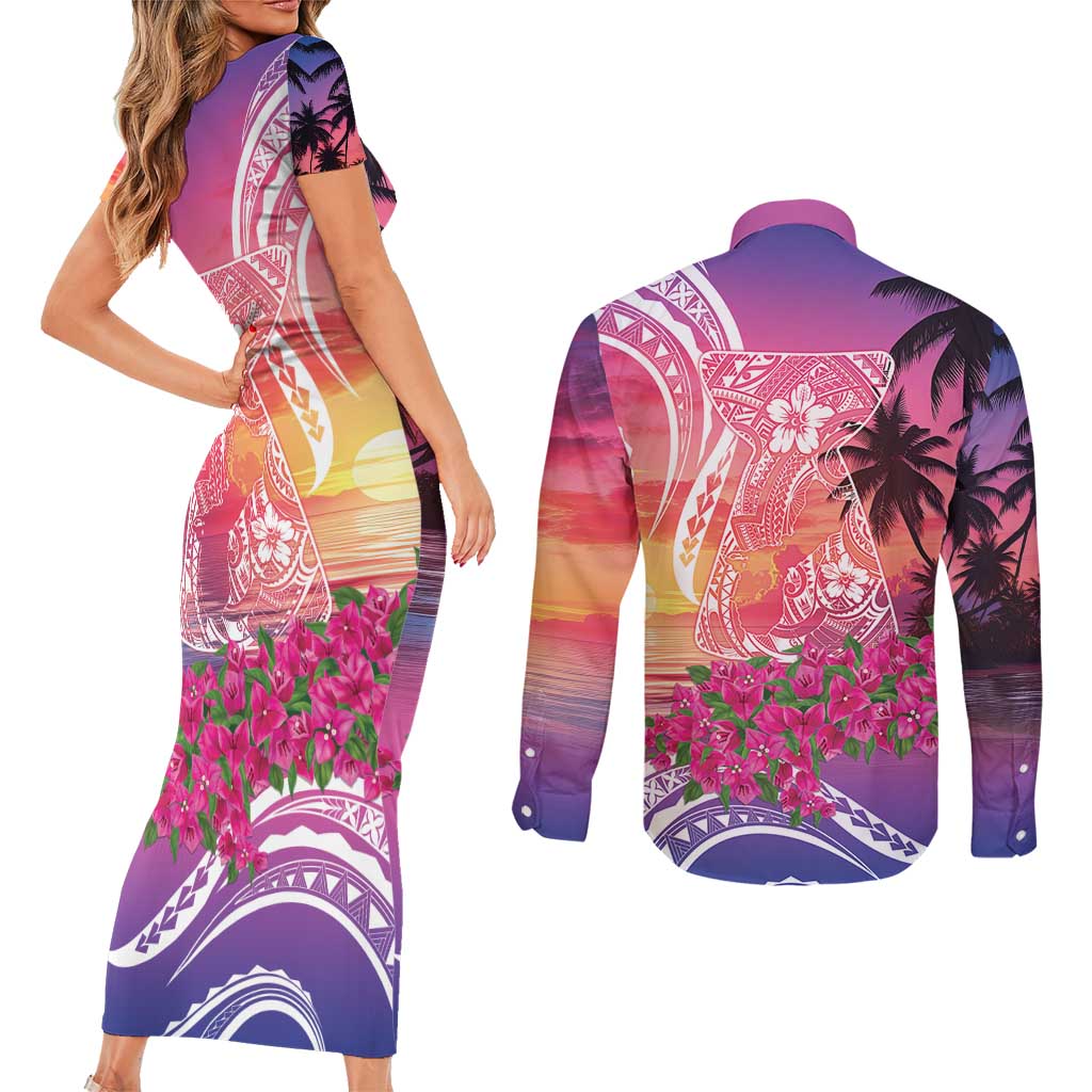 Guam Latte Stone with Map Couples Matching Short Sleeve Bodycon Dress and Long Sleeve Button Shirt Bougainvillea Beach Sunset LT9 - Polynesian Pride