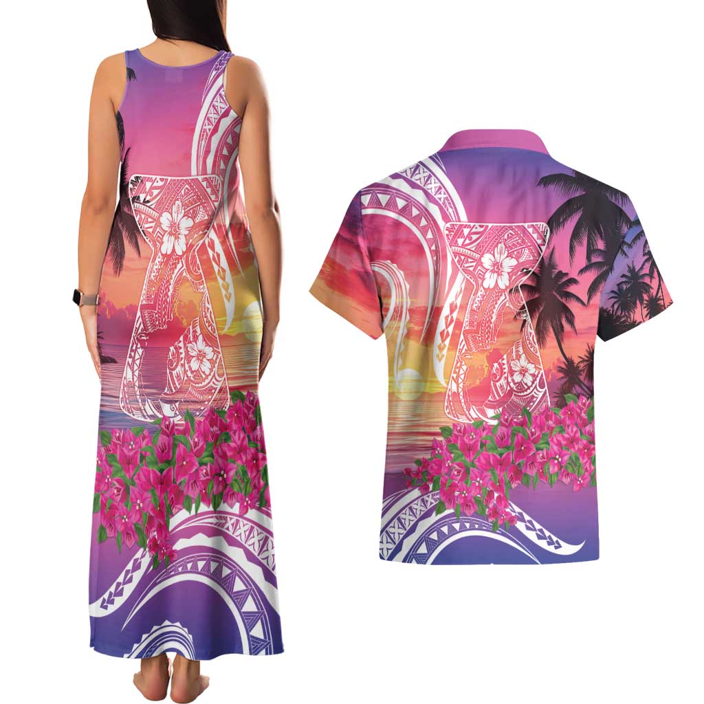 Guam Latte Stone with Map Couples Matching Tank Maxi Dress and Hawaiian Shirt Bougainvillea Beach Sunset LT9 - Polynesian Pride