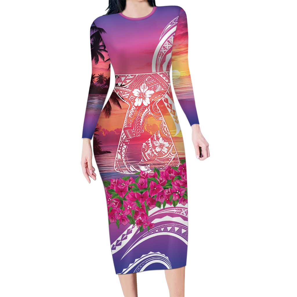 Guam Latte Stone with Map Family Matching Long Sleeve Bodycon Dress and Hawaiian Shirt Bougainvillea Beach Sunset LT9 Mom's Dress Sunset - Polynesian Pride