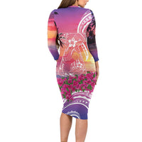 Guam Latte Stone with Map Family Matching Long Sleeve Bodycon Dress and Hawaiian Shirt Bougainvillea Beach Sunset LT9 - Polynesian Pride
