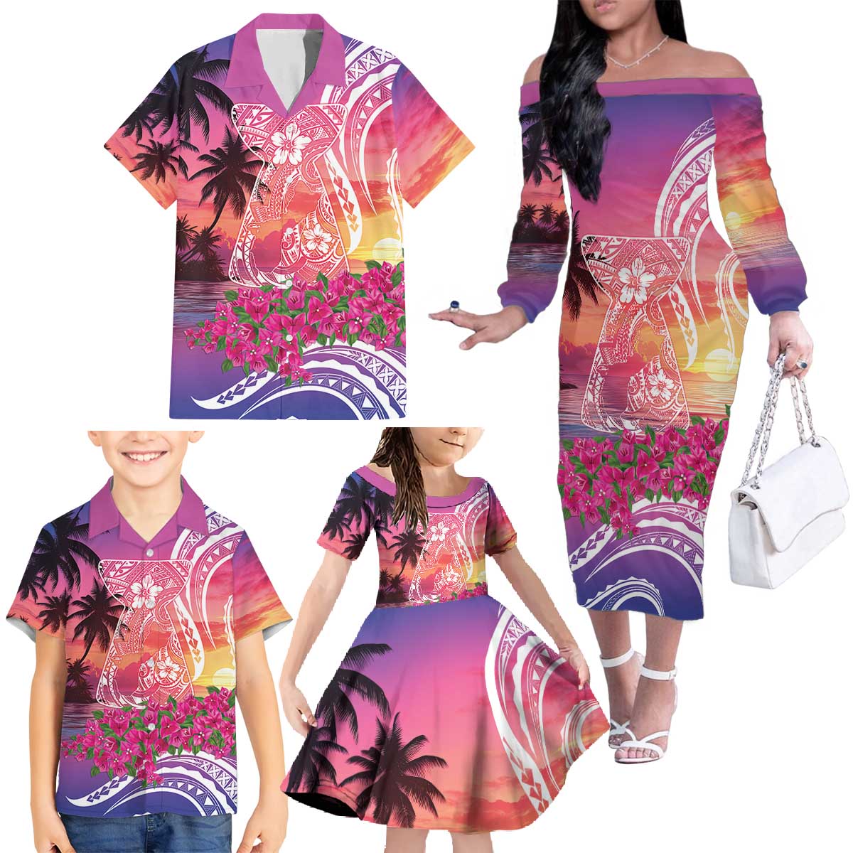 Guam Latte Stone with Map Family Matching Off The Shoulder Long Sleeve Dress and Hawaiian Shirt Bougainvillea Beach Sunset LT9 - Polynesian Pride