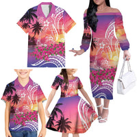 Guam Latte Stone with Map Family Matching Off The Shoulder Long Sleeve Dress and Hawaiian Shirt Bougainvillea Beach Sunset LT9 - Polynesian Pride
