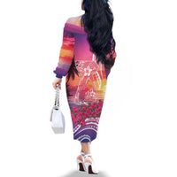 Guam Latte Stone with Map Family Matching Off The Shoulder Long Sleeve Dress and Hawaiian Shirt Bougainvillea Beach Sunset LT9 - Polynesian Pride