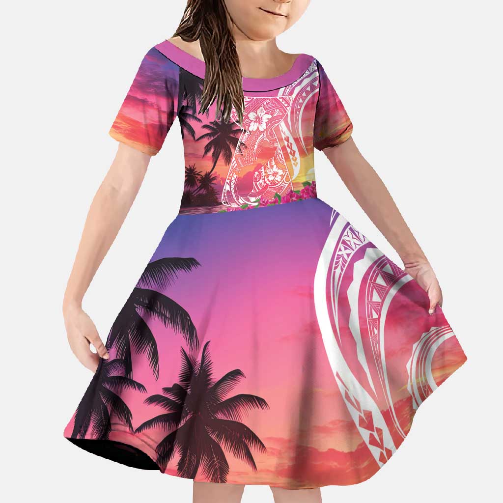 Guam Latte Stone with Map Family Matching Off Shoulder Maxi Dress and Hawaiian Shirt Bougainvillea Beach Sunset LT9 Daughter's Dress Sunset - Polynesian Pride