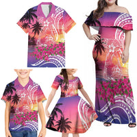 Guam Latte Stone with Map Family Matching Off Shoulder Maxi Dress and Hawaiian Shirt Bougainvillea Beach Sunset LT9 - Polynesian Pride