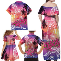 Guam Latte Stone with Map Family Matching Off Shoulder Maxi Dress and Hawaiian Shirt Bougainvillea Beach Sunset LT9 - Polynesian Pride