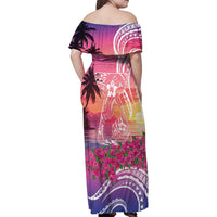 Guam Latte Stone with Map Family Matching Off Shoulder Maxi Dress and Hawaiian Shirt Bougainvillea Beach Sunset LT9 - Polynesian Pride