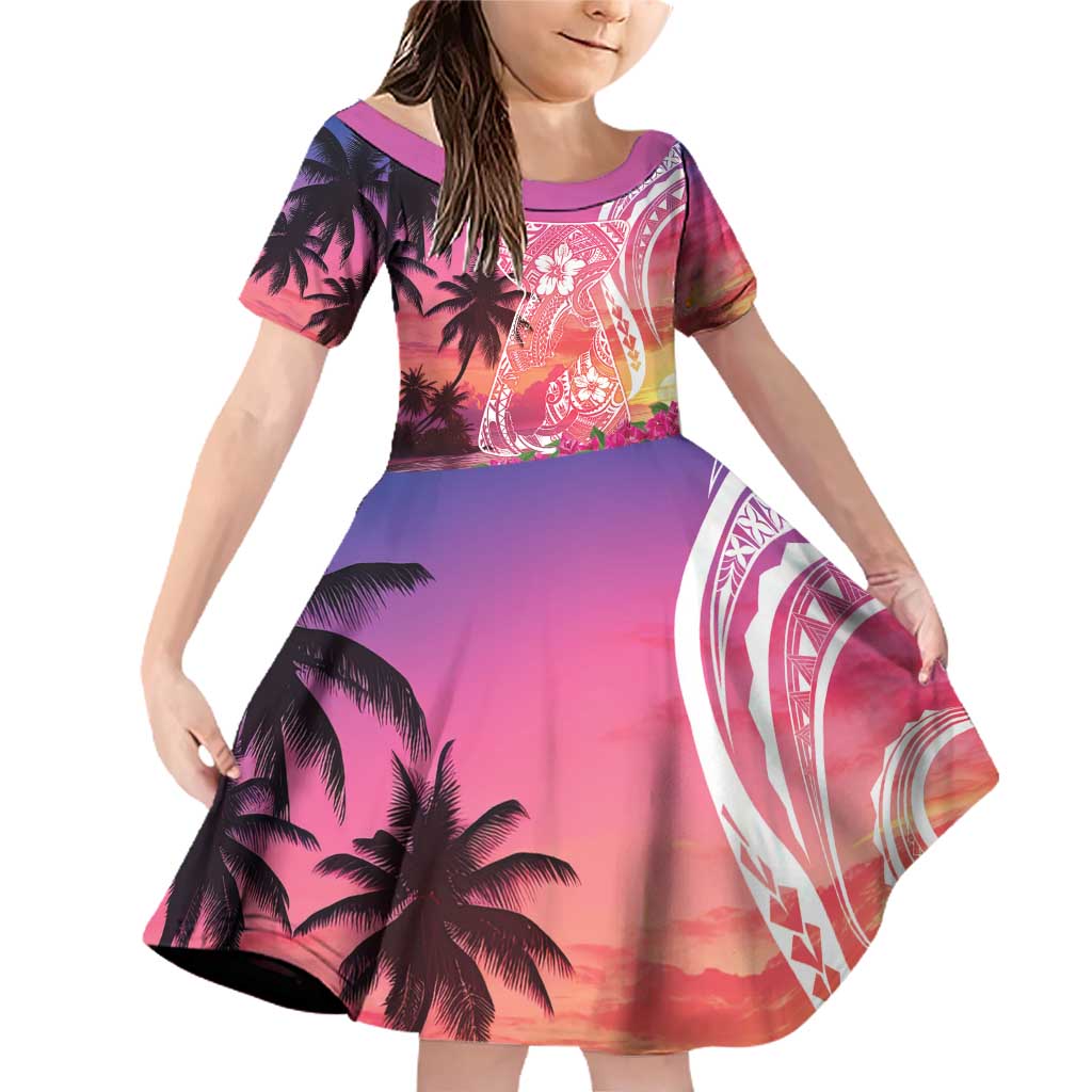 Guam Latte Stone with Map Family Matching Off Shoulder Short Dress and Hawaiian Shirt Bougainvillea Beach Sunset LT9 Daughter's Dress Sunset - Polynesian Pride