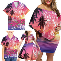 Guam Latte Stone with Map Family Matching Off Shoulder Short Dress and Hawaiian Shirt Bougainvillea Beach Sunset LT9 - Polynesian Pride
