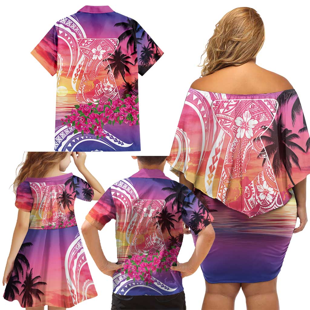 Guam Latte Stone with Map Family Matching Off Shoulder Short Dress and Hawaiian Shirt Bougainvillea Beach Sunset LT9 - Polynesian Pride