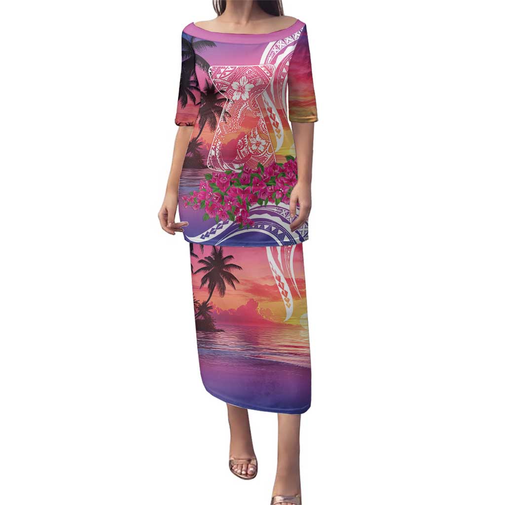 Guam Latte Stone with Map Family Matching Puletasi and Hawaiian Shirt Bougainvillea Beach Sunset LT9 Mom's Dress Sunset - Polynesian Pride