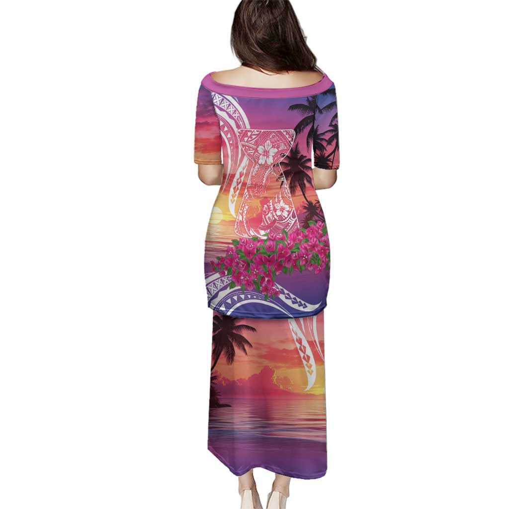 Guam Latte Stone with Map Family Matching Puletasi and Hawaiian Shirt Bougainvillea Beach Sunset LT9 - Polynesian Pride