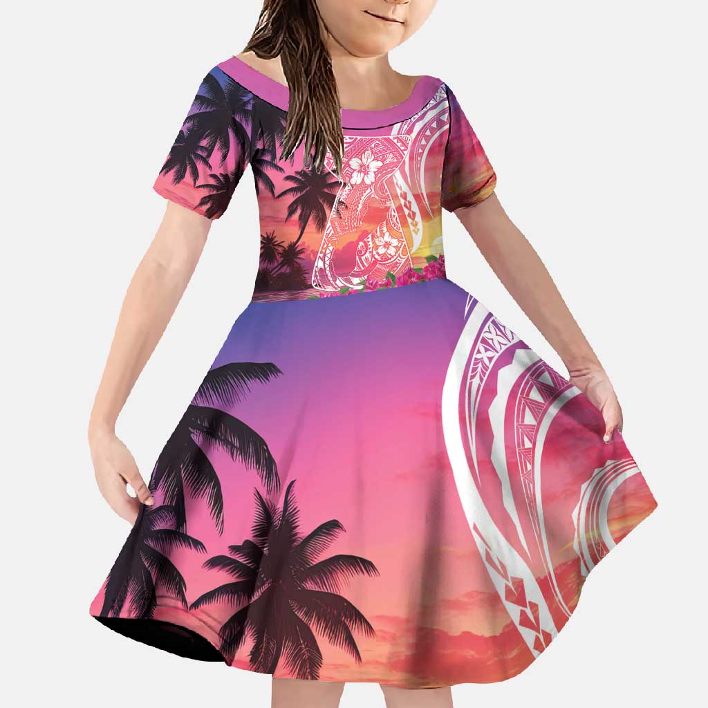 Guam Latte Stone with Map Family Matching Short Sleeve Bodycon Dress and Hawaiian Shirt Bougainvillea Beach Sunset LT9 Daughter's Dress Sunset - Polynesian Pride